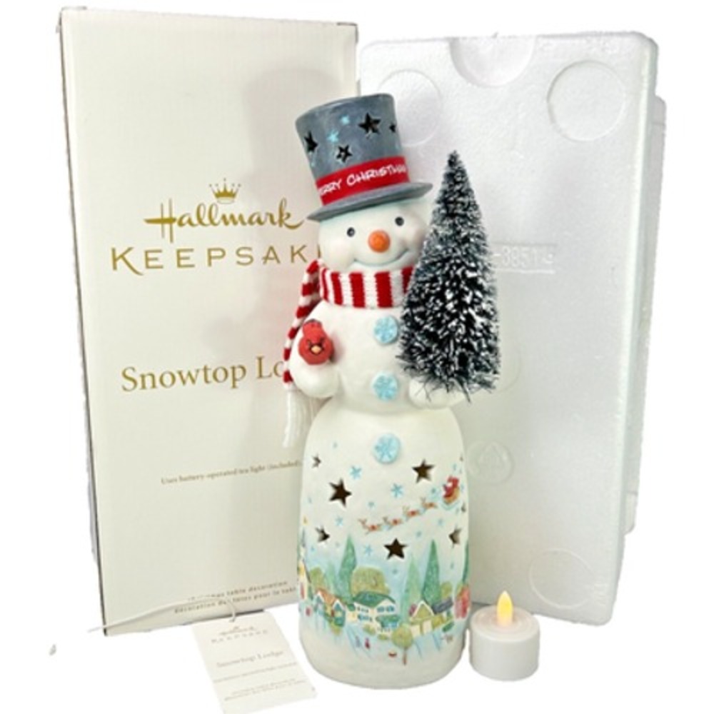 Hallmark SNOWTOP LODGE 2012 Lighted Ceramic Tabletop Snowman 12" Tealight in Box